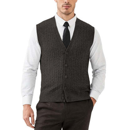 Cable Knit Sweater Vest Wool Blend V Neck Button Down Sleeveless