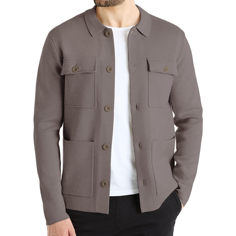 Cardigan Sweater Casual Chunky Knit Multi Pocket Lapel Collar