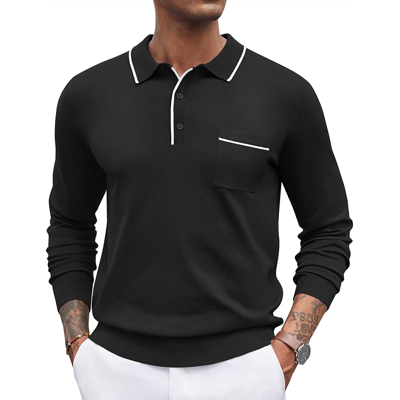 Knit Polo Long Sleeve Collared Sweater Casual Top With Pocket