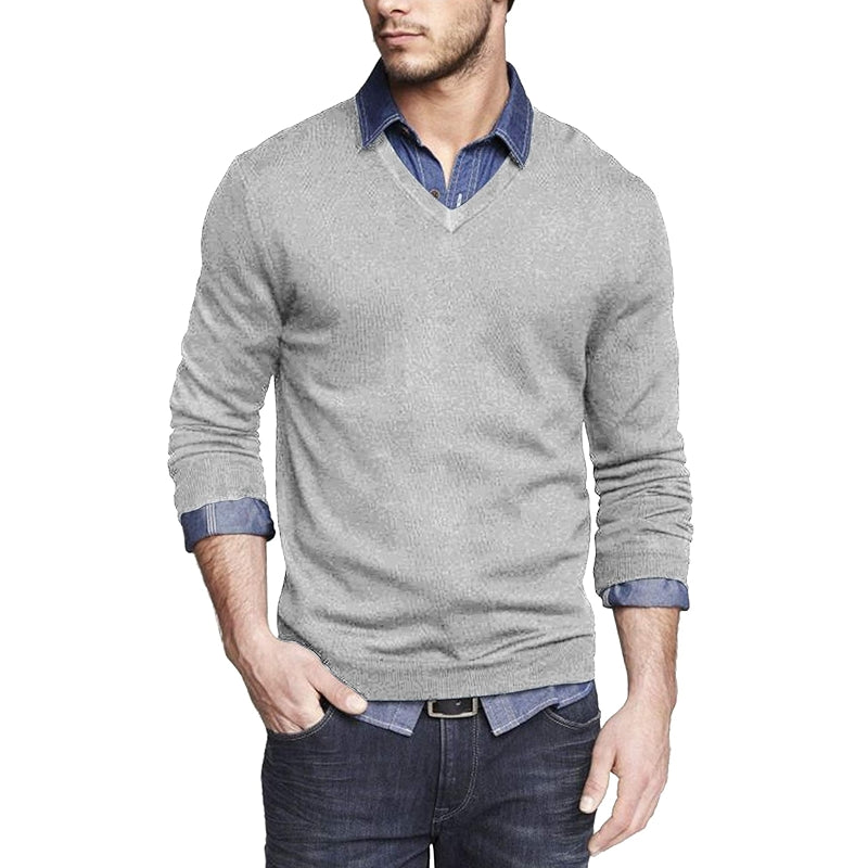 Casual V Neck Sweater Ribbed Knit Slim Fit Long Sleeve Pullover