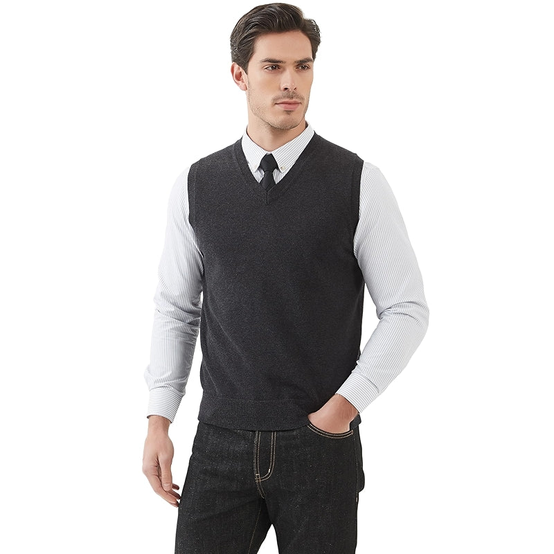 Pure Cotton Sweater Vest V Neck Regular Fit Knit Sleeveless Pullover