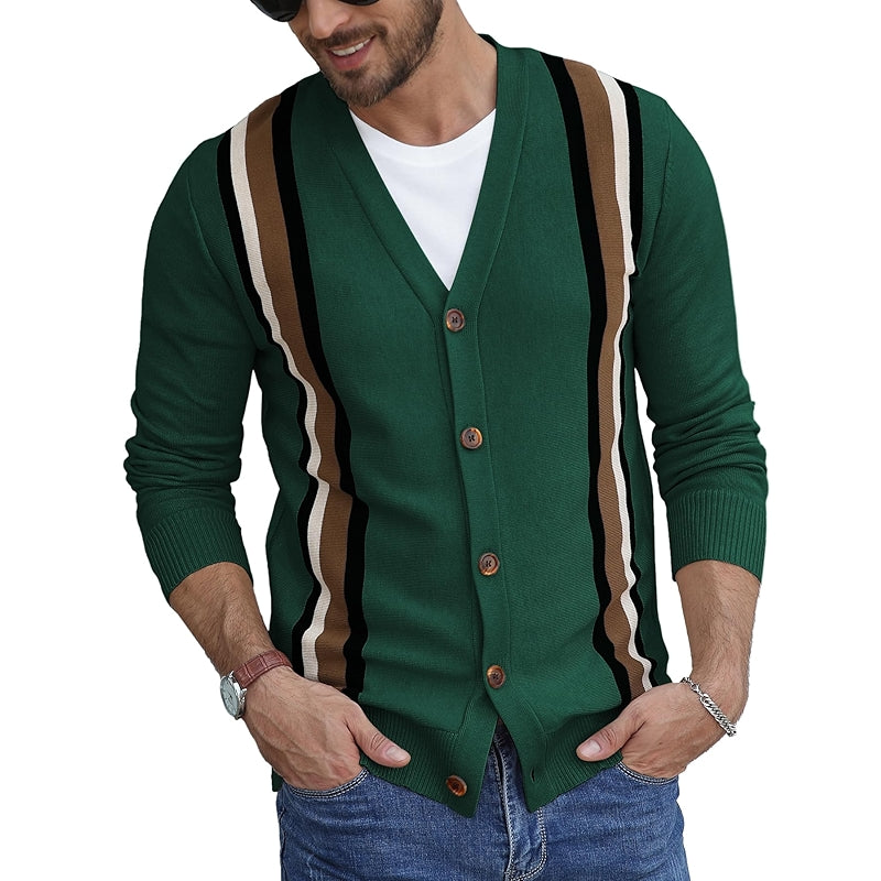 Vintage Striped Long Sleeve Cardigan Sweater With Button V Neck