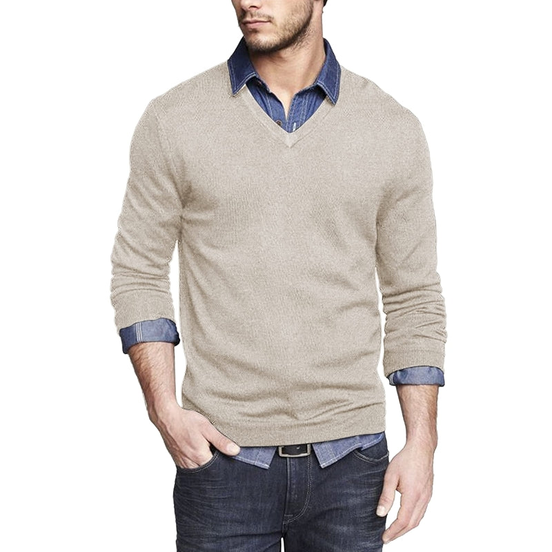 Casual V Neck Sweater Ribbed Knit Slim Fit Long Sleeve Pullover