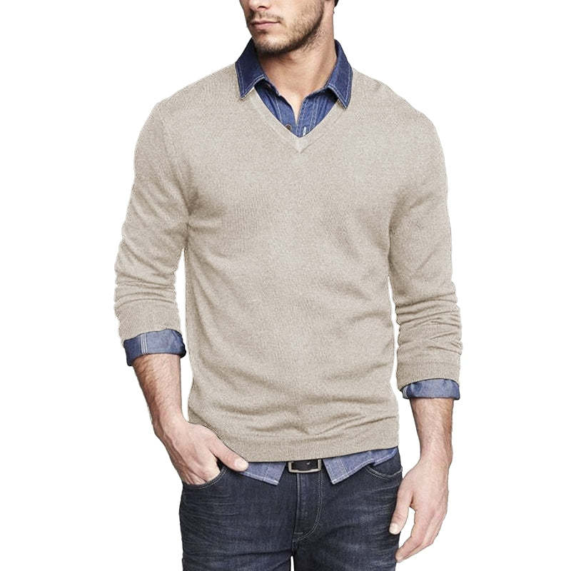 Casual V Neck Sweater Ribbed Knit Slim Fit Long Sleeve Pullover