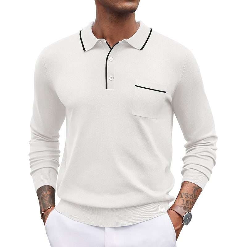 Knit Polo Long Sleeve Collared Sweater Casual Top With Pocket