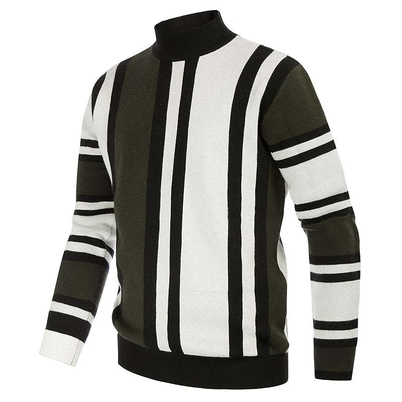 Vintage Stripes Pullover Stand Collar Mockneck Jumper Sweater