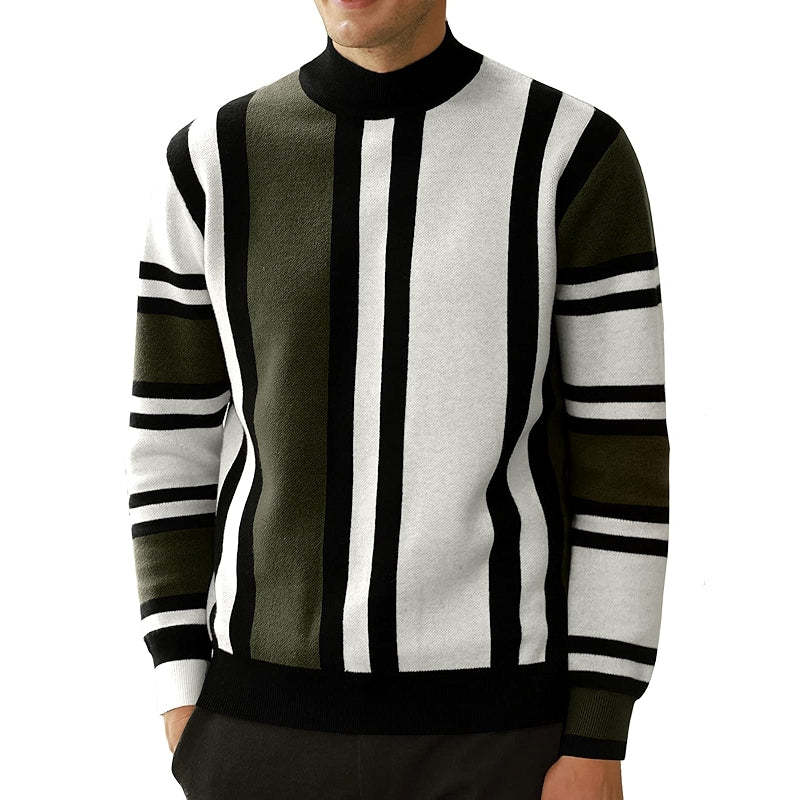 Vintage Stripes Pullover Stand Collar Mockneck Jumper Sweater