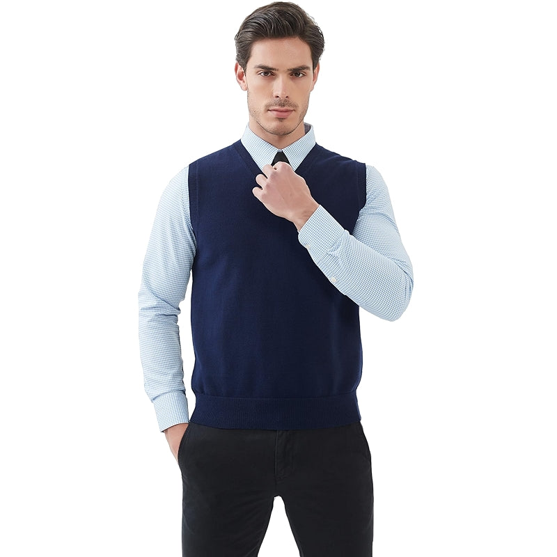Pure Cotton Sweater Vest V Neck Regular Fit Knit Sleeveless Pullover