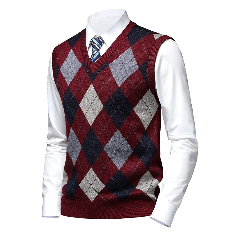 Thick Argyle Sweater Vest Classic V Neck Knitwear Sleeveless Pullover