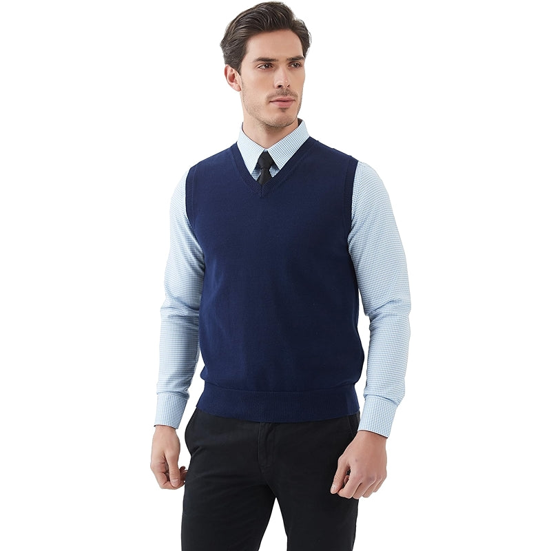 Pure Cotton Sweater Vest V Neck Regular Fit Knit Sleeveless Pullover