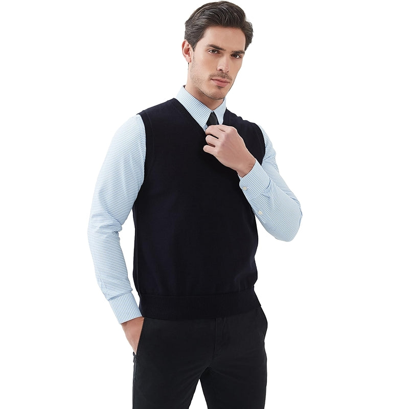 Pure Cotton Sweater Vest V Neck Regular Fit Knit Sleeveless Pullover