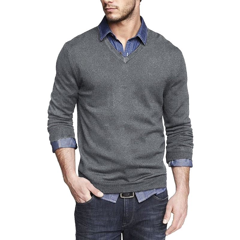 Casual V Neck Sweater Ribbed Knit Slim Fit Long Sleeve Pullover