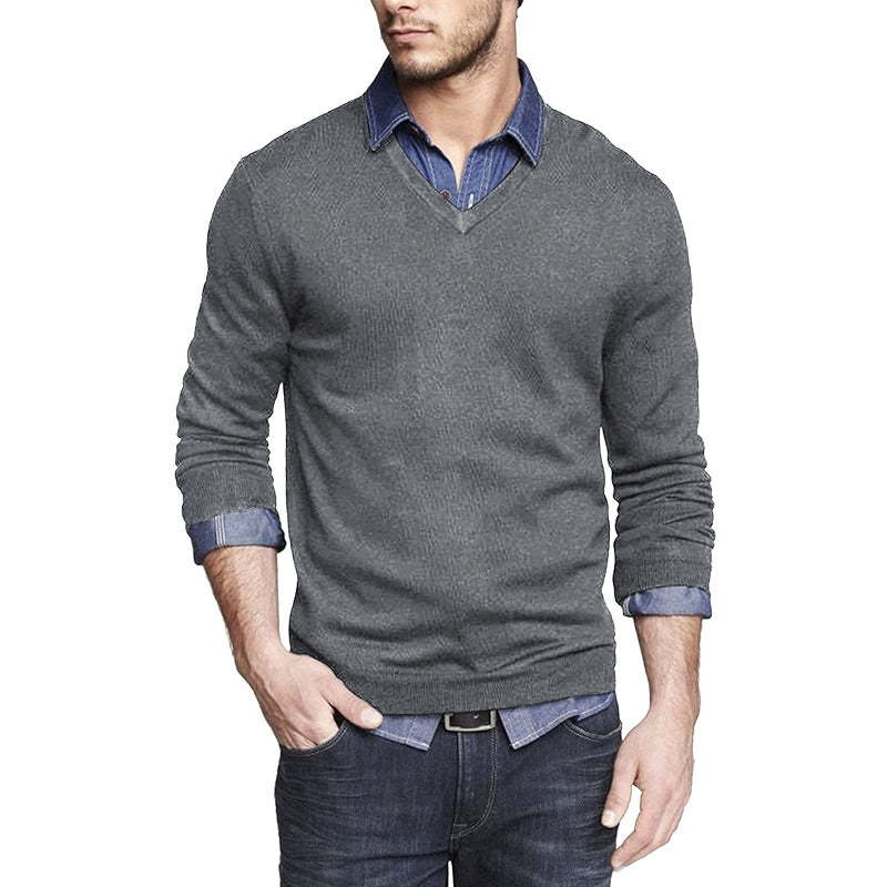 Casual V Neck Sweater Ribbed Knit Slim Fit Long Sleeve Pullover