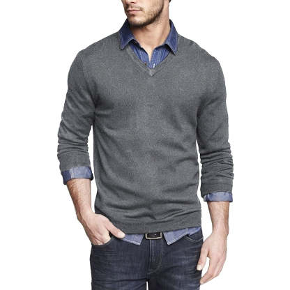 Casual V Neck Sweater Ribbed Knit Slim Fit Long Sleeve Pullover