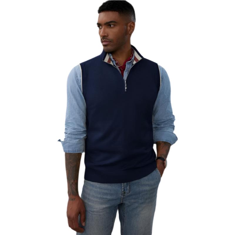 Sweater Vest Quarter Zip Stand Collar Contrast Stripes Knitwear