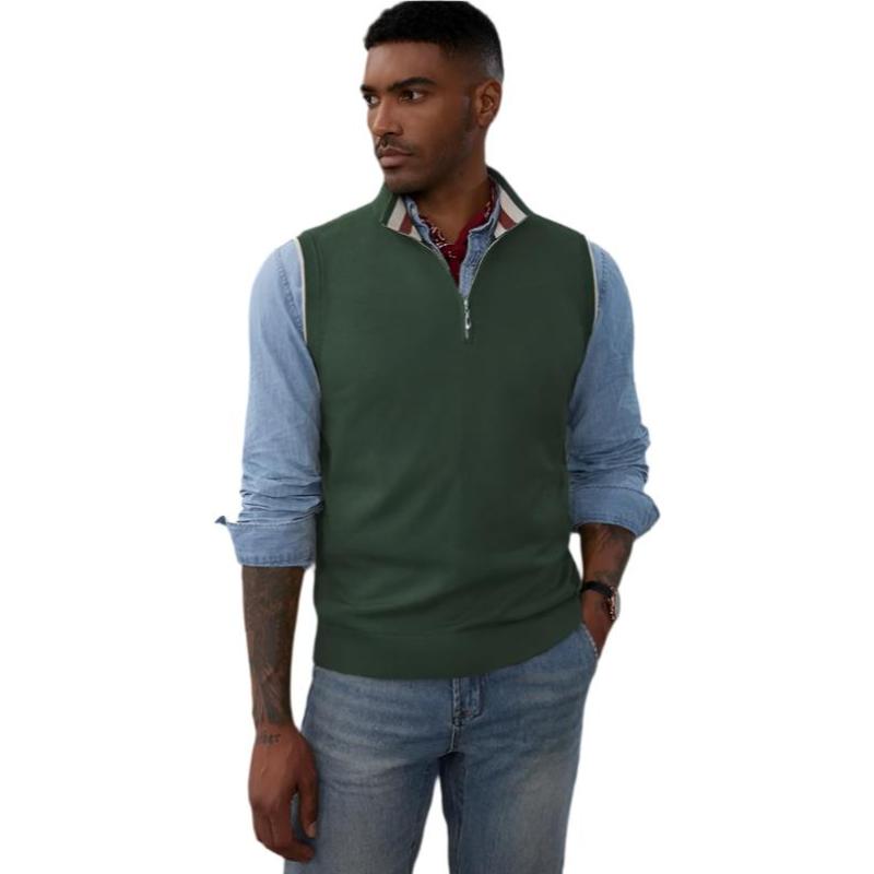 Sweater Vest Quarter Zip Stand Collar Contrast Stripes Knitwear