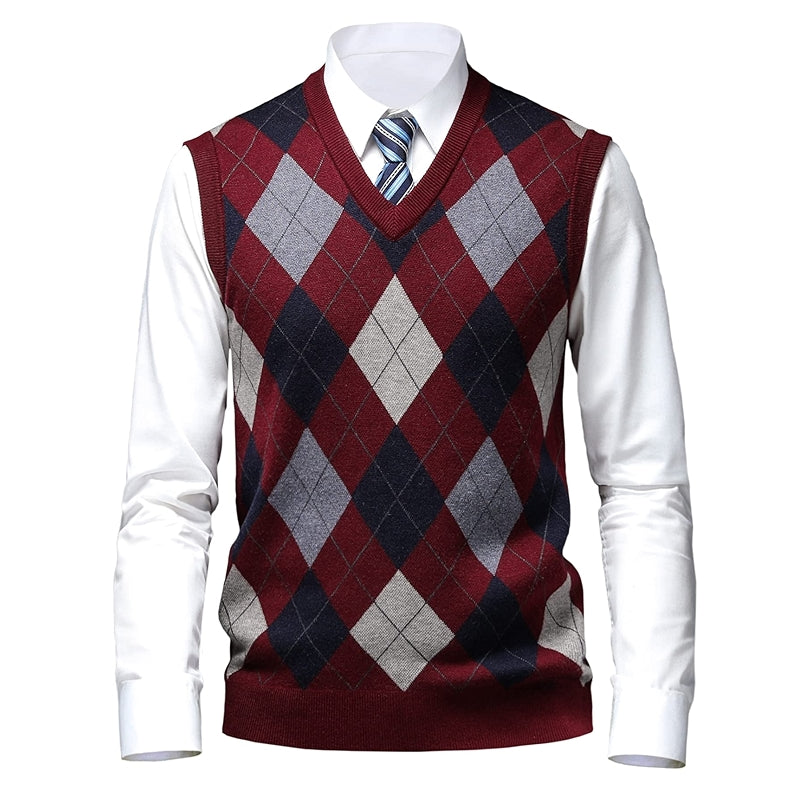 Thick Argyle Sweater Vest Classic V Neck Knitwear Sleeveless Pullover