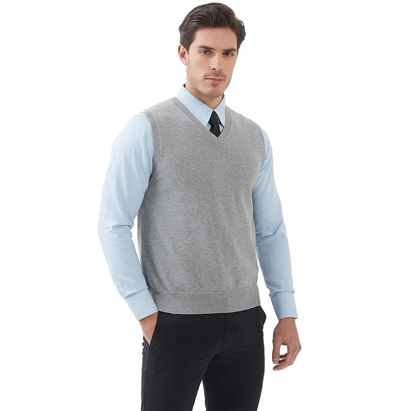 Pure Cotton Sweater Vest V Neck Regular Fit Knit Sleeveless Pullover