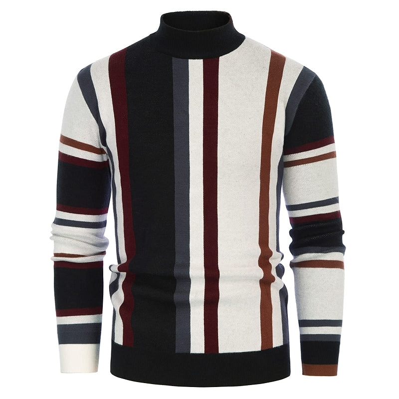 Vintage Stripes Pullover Stand Collar Mockneck Jumper Sweater