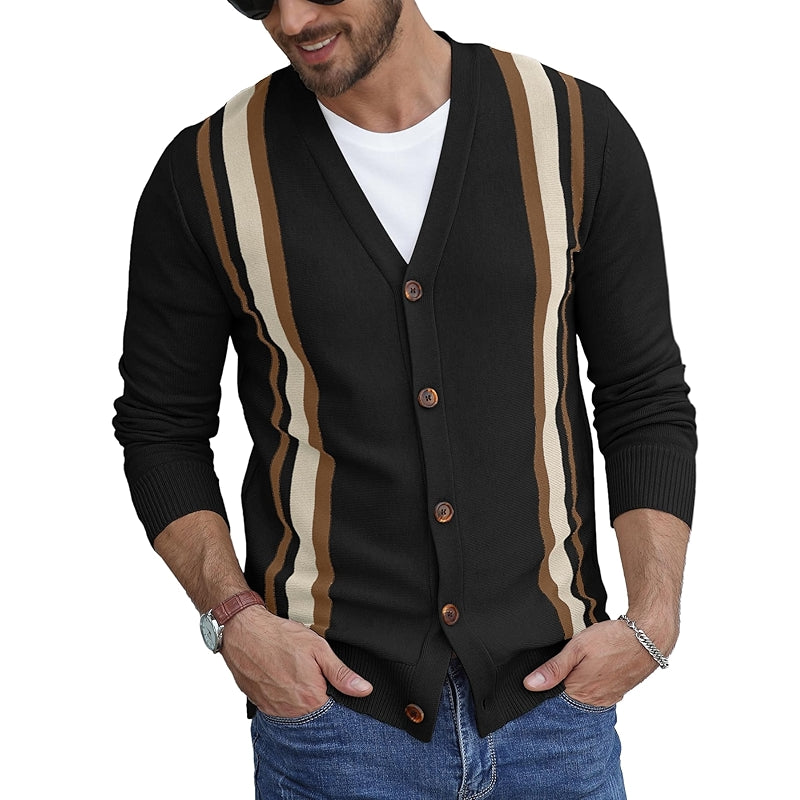 Vintage Striped Long Sleeve Cardigan Sweater With Button V Neck