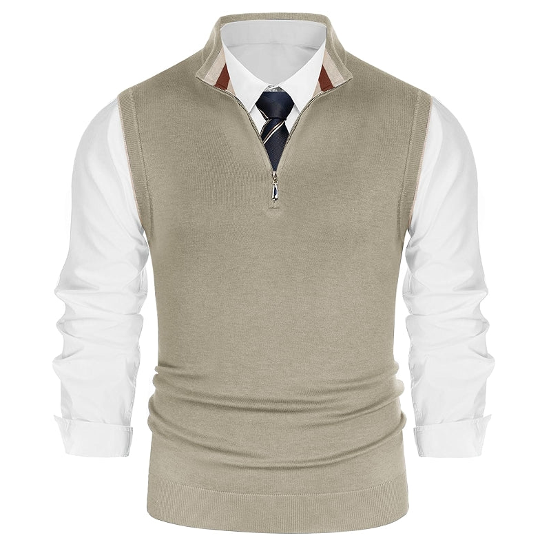 Sweater Vest Quarter Zip Stand Collar Contrast Stripes Knitwear