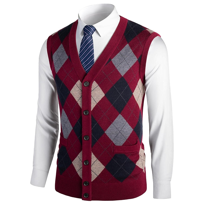 Thick Argyle Sweater Vest Classic V Neck Knitwear Sleeveless Pullover