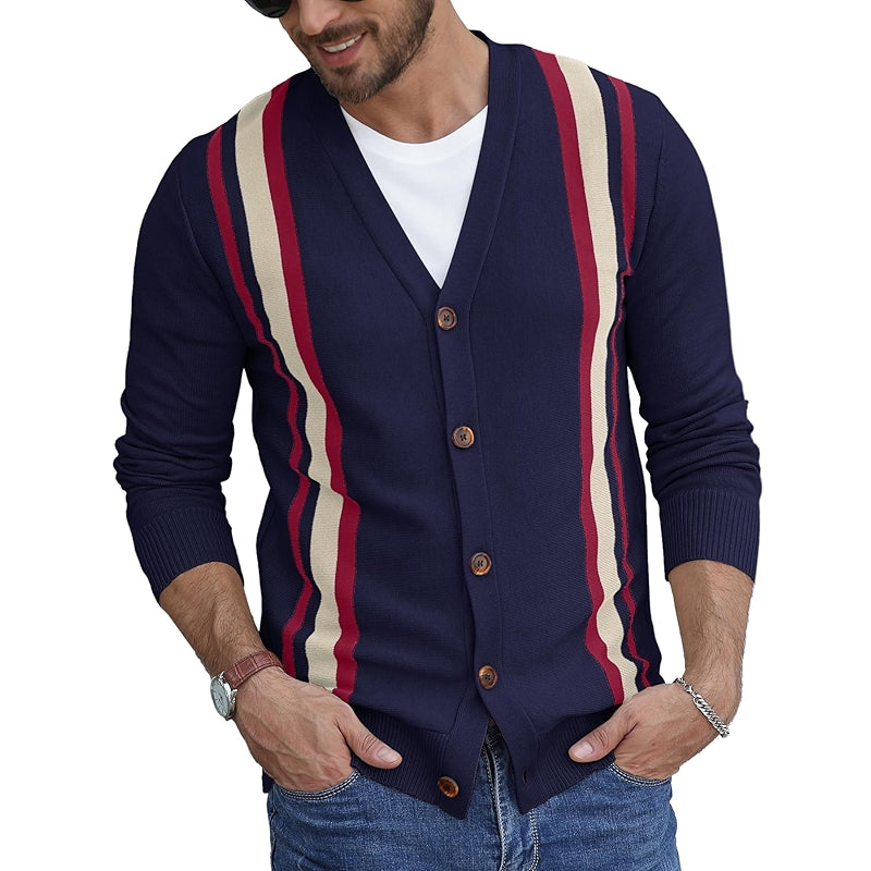 Vintage Striped Long Sleeve Cardigan Sweater With Button V Neck