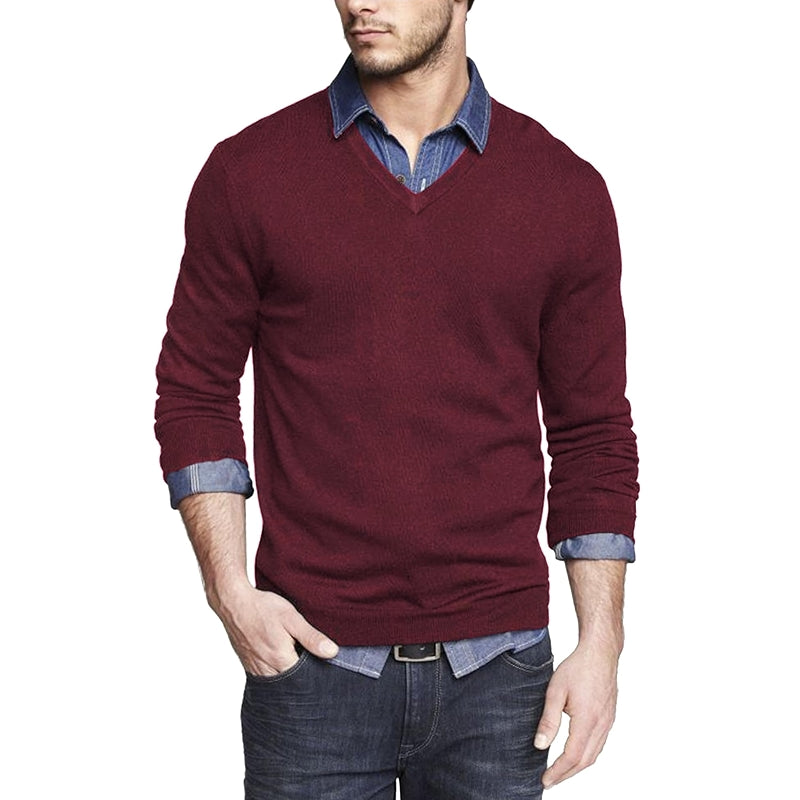 Casual V Neck Sweater Ribbed Knit Slim Fit Long Sleeve Pullover