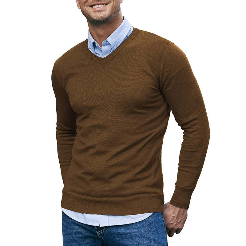 Casual V Neck Sweater Ribbed Knit Slim Fit Long Sleeve Pullover