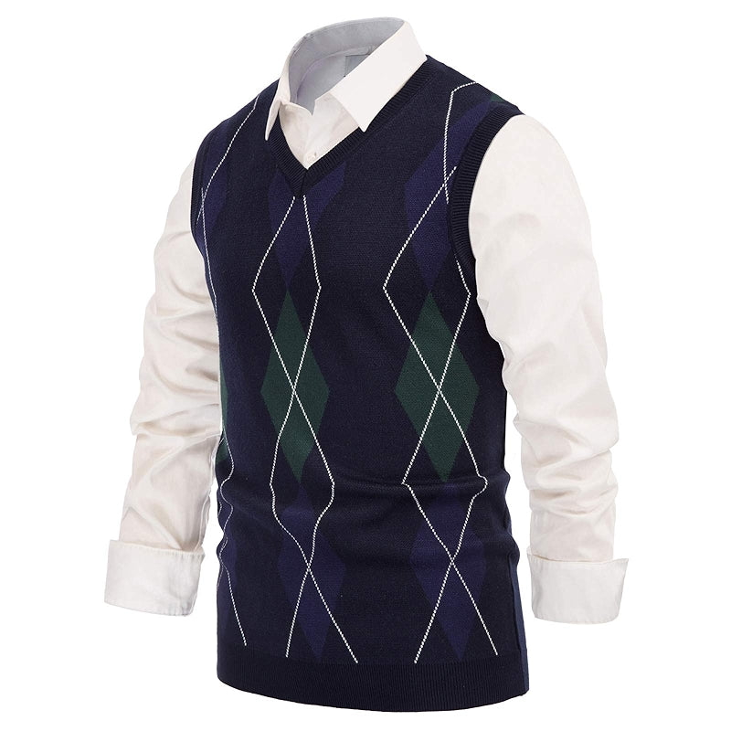 Soft Argyle Sweater Vest Slim Fit V Neck Knitted Pullover Vest