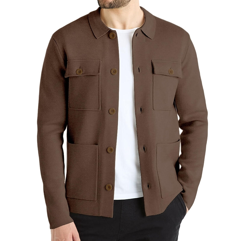 Cardigan Sweater Casual Chunky Knit Multi Pocket Lapel Collar