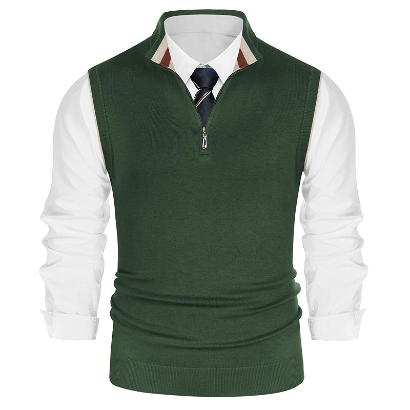 Sweater Vest Quarter Zip Stand Collar Contrast Stripes Knitwear
