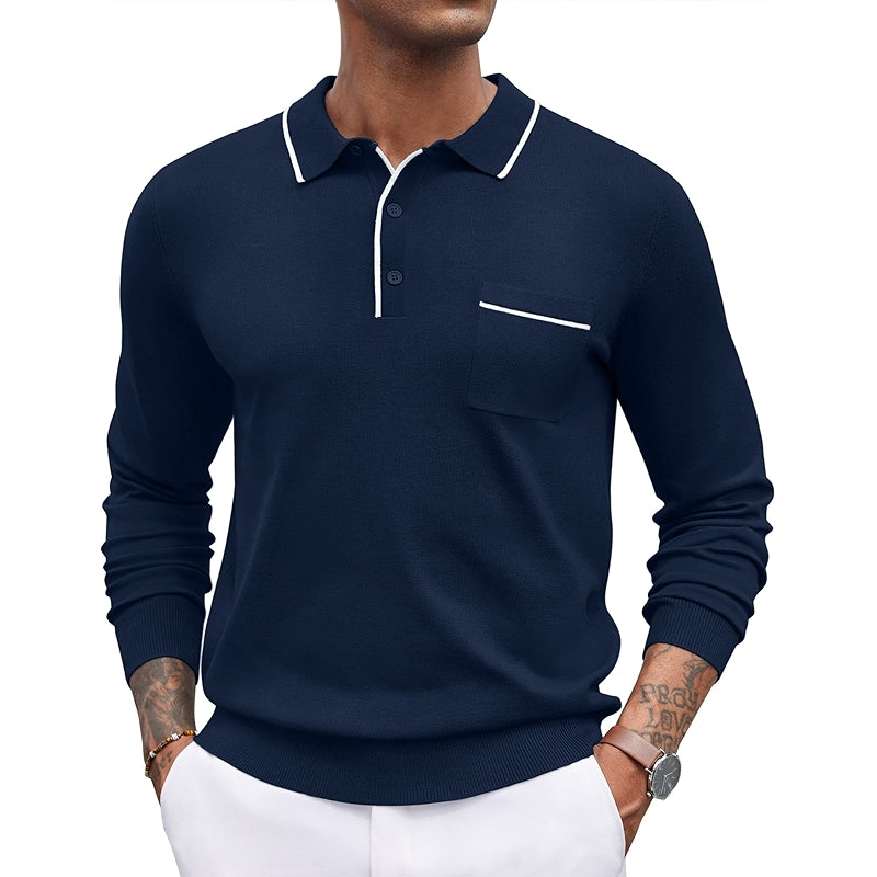 Knit Polo Long Sleeve Collared Sweater Casual Top With Pocket