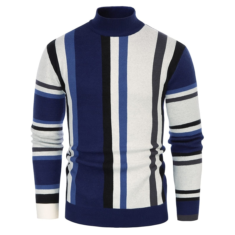 Vintage Stripes Pullover Stand Collar Mockneck Jumper Sweater