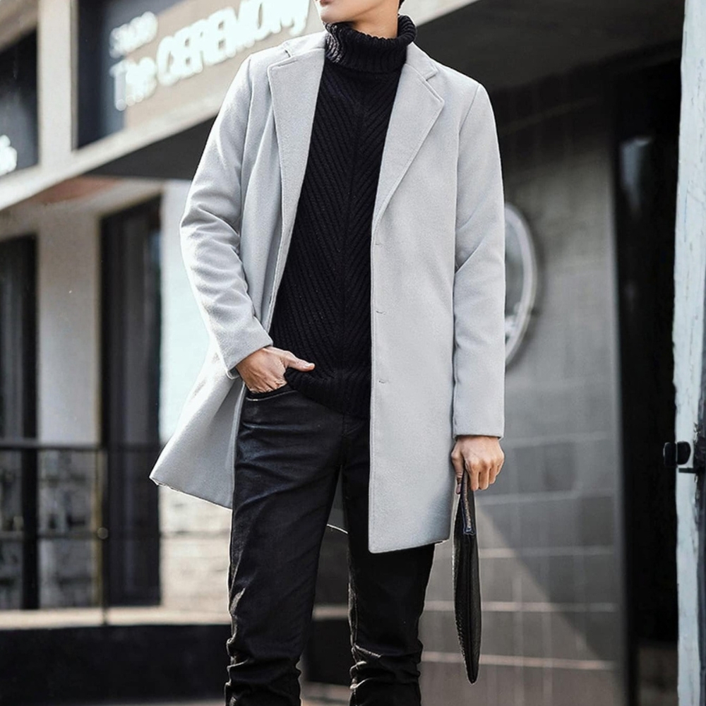 Men's Wool Blend Pea Coat Notched Collar Single Breasted Overcoat Warm Winter Trench Coat