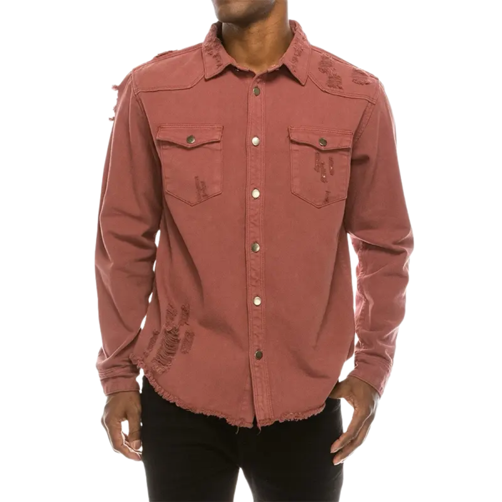 Distressed Denim Shirt – Heavyweight Button-Up with Pockets