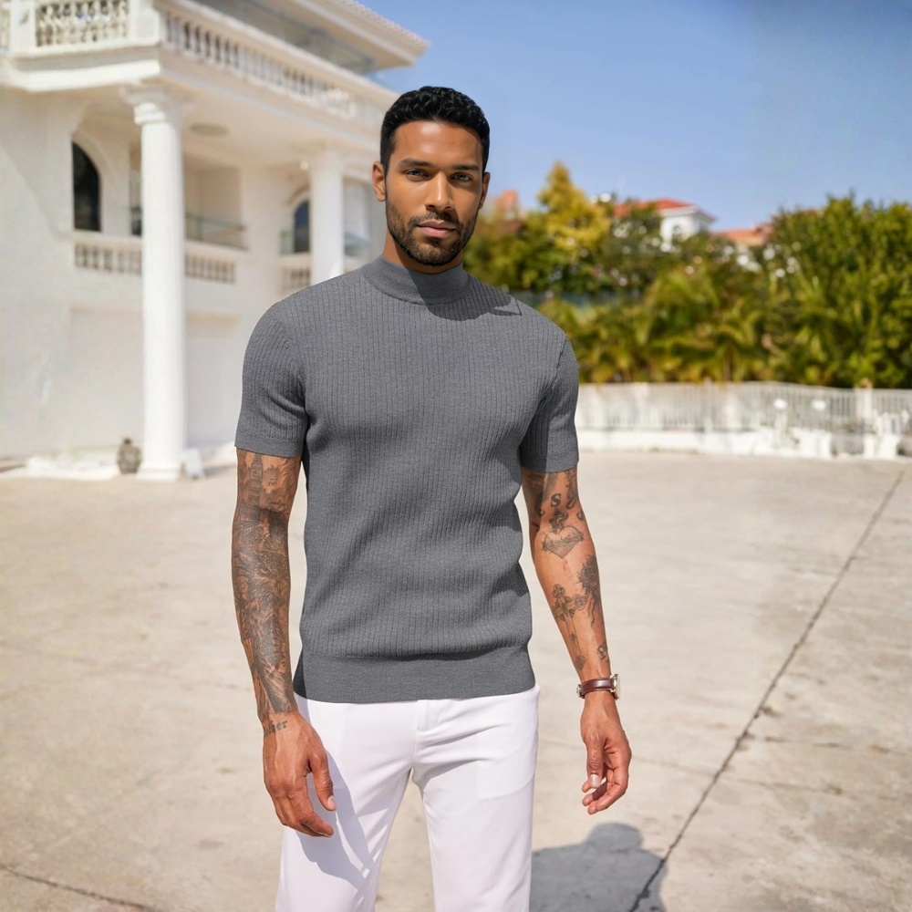 Men's Mock Turtleneck Sweater Short Sleeve Casual Basic Tops Ribbed Knit Pullover Solid Tee