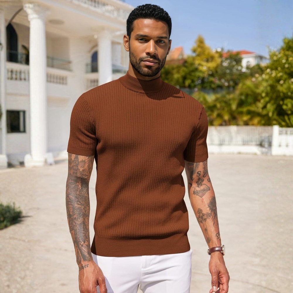 Men's Mock Turtleneck Sweater Short Sleeve Casual Basic Tops Ribbed Knit Pullover Solid Tee