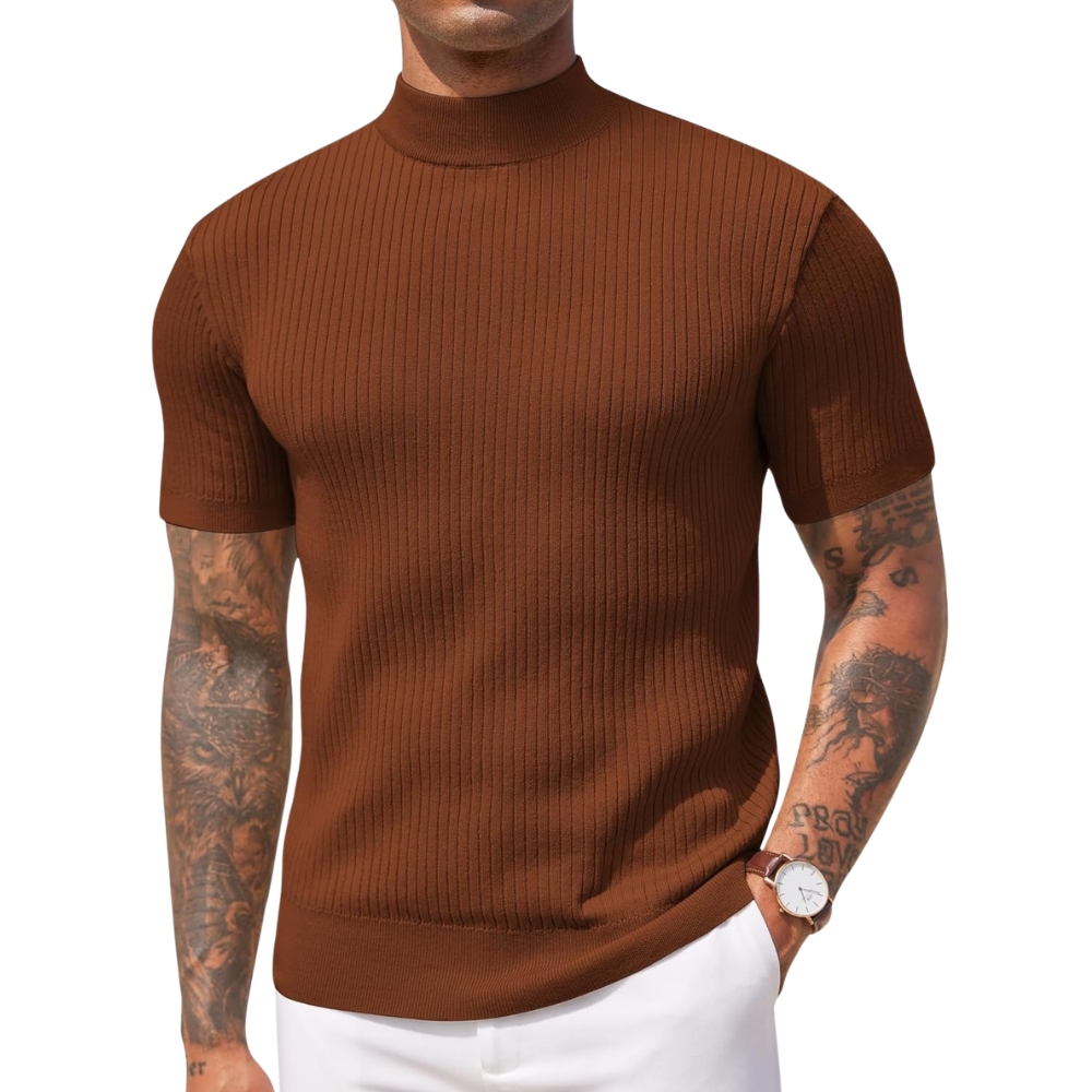 Men's Mock Turtleneck Sweater Short Sleeve Casual Basic Tops Ribbed Knit Pullover Solid Tee