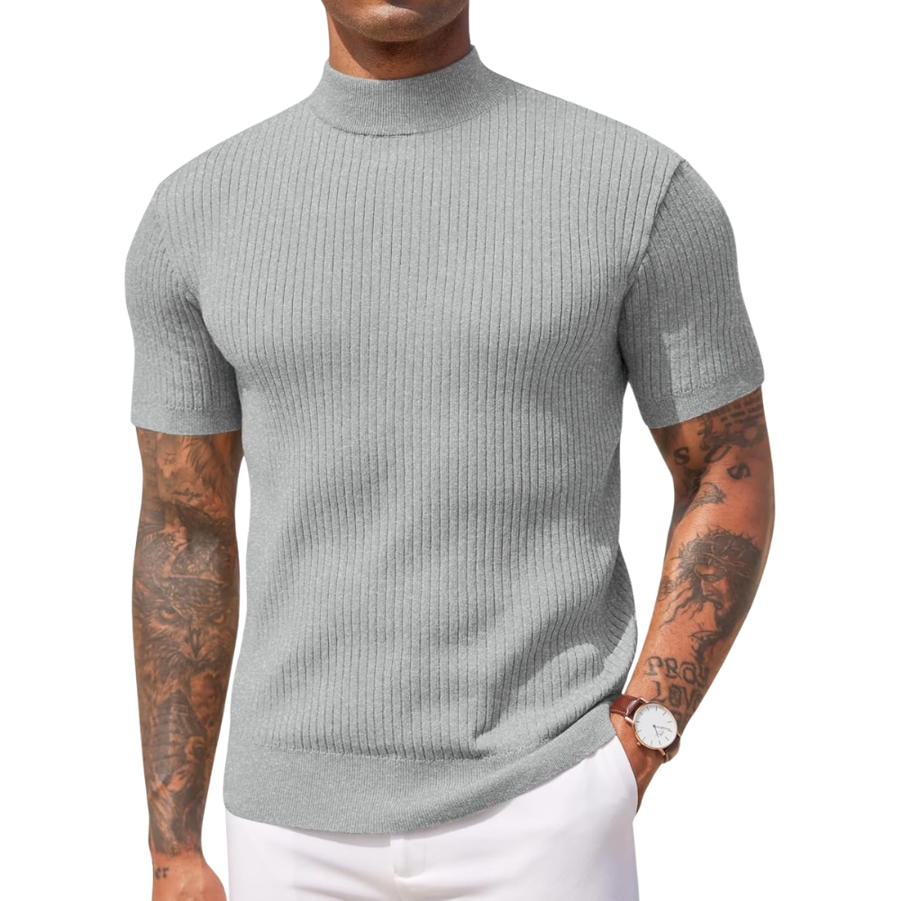 Men's Mock Turtleneck Sweater Short Sleeve Casual Basic Tops Ribbed Knit Pullover Solid Tee