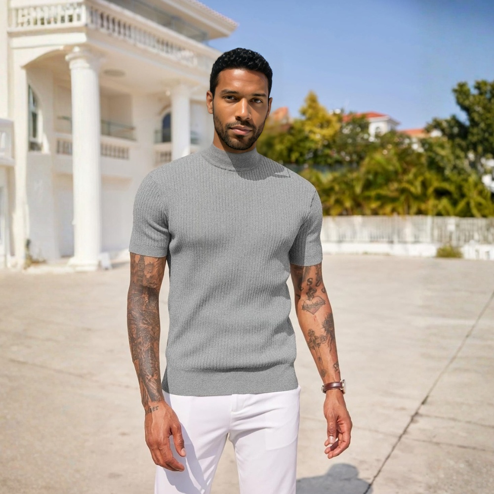 Men's Mock Turtleneck Sweater Short Sleeve Casual Basic Tops Ribbed Knit Pullover Solid Tee