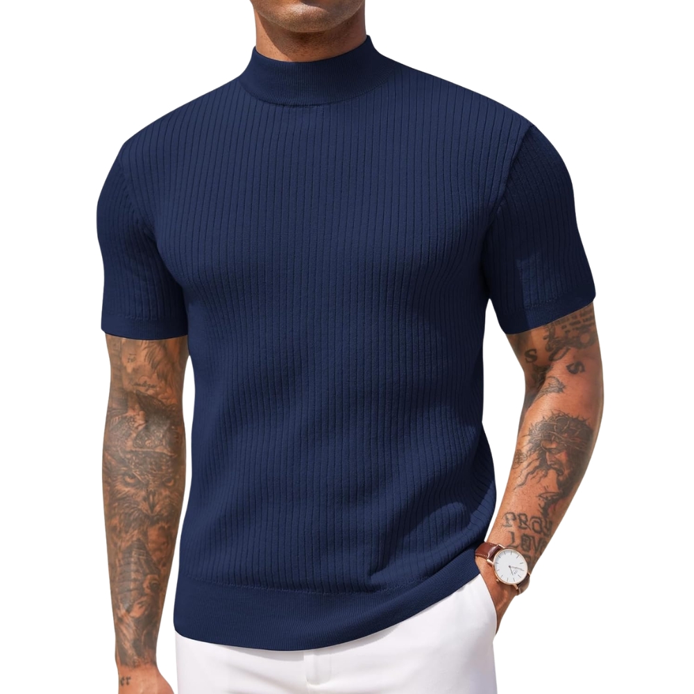 Men's Mock Turtleneck Sweater Short Sleeve Casual Basic Tops Ribbed Knit Pullover Solid Tee