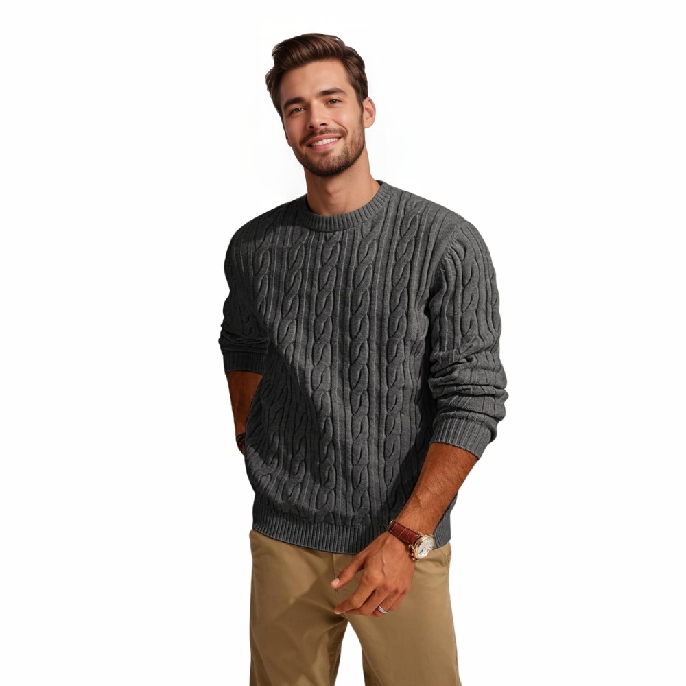 Mens Sweater Crewneck Cable Knit Pullover Sweater Casual Twist Textured Sweaters