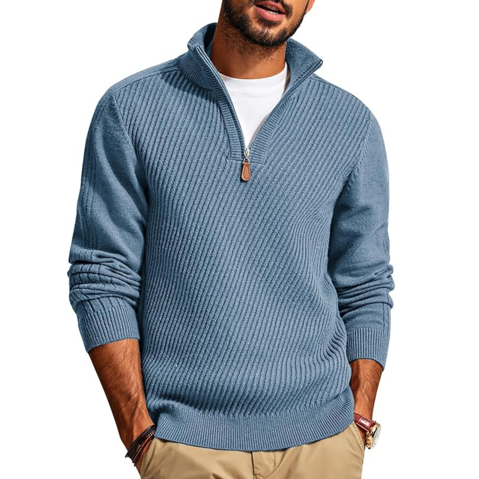 Textured Knit Quarter Zip Pullover Sweater For Men