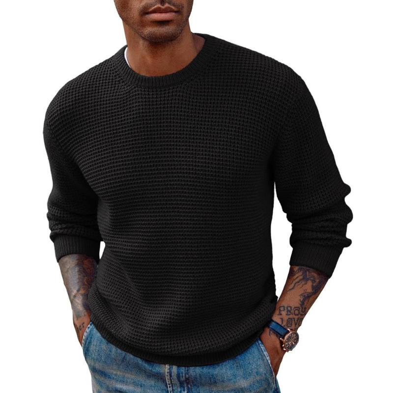 Mens Pullover Sweater Waffle Textured Long Sleeve Knitted Sweaters