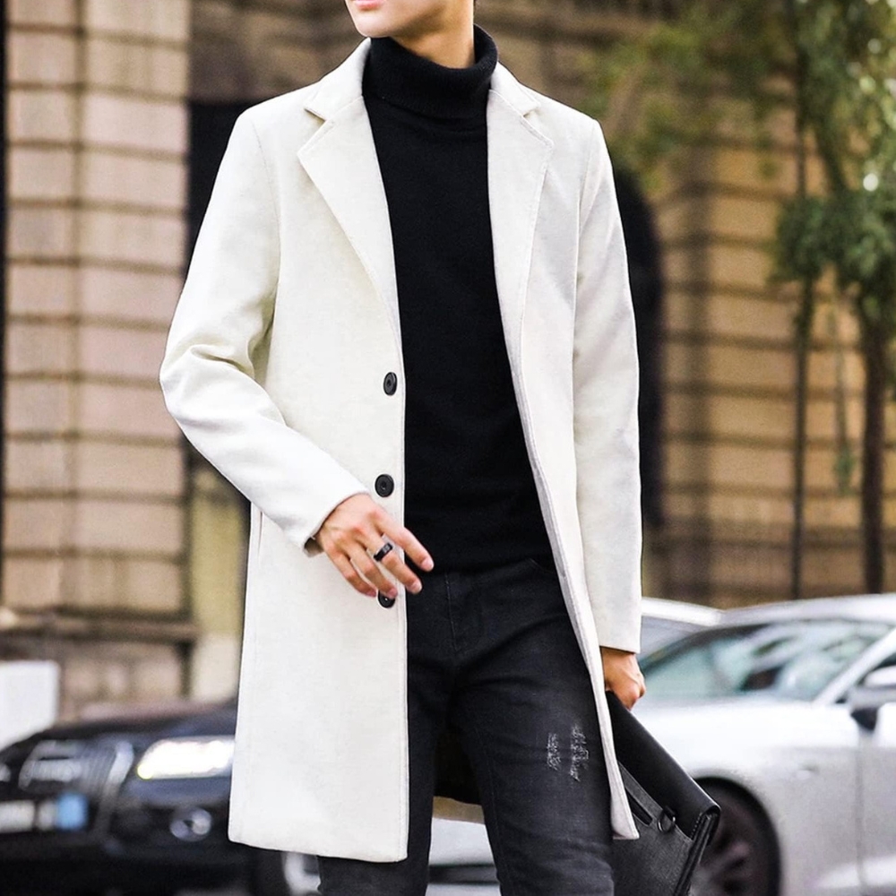 Men's Wool Blend Pea Coat Notched Collar Single Breasted Overcoat Warm Winter Trench Coat