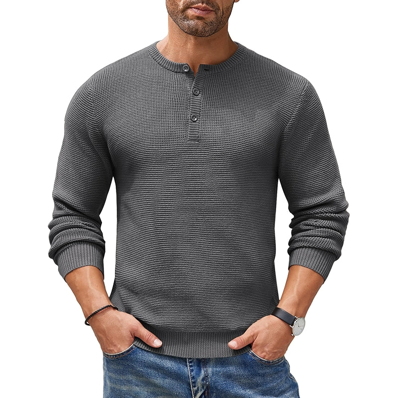 Henley Knit Sweater Long Sleeve Button Pullover Casual