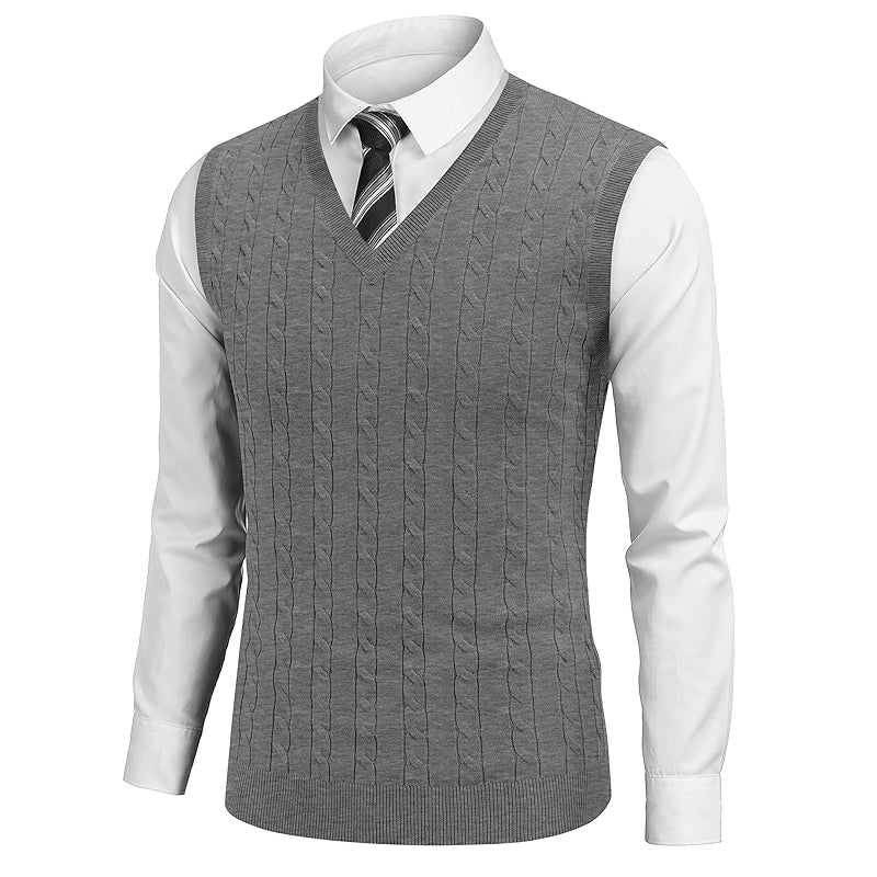 Sweater Vest V Neck Slim Fit Cable Knitted Sleeveless Pullover