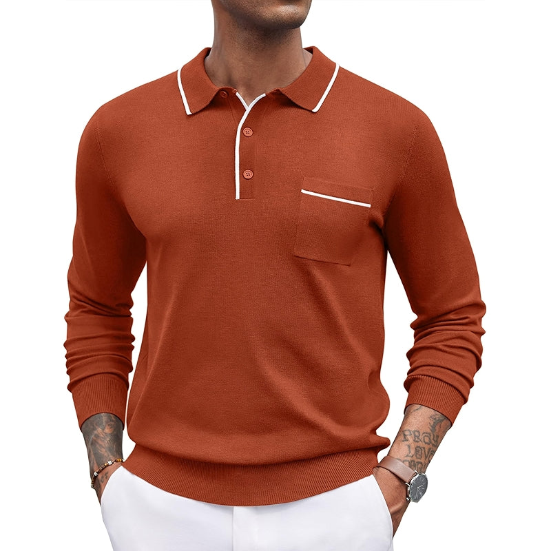 Knit Polo Long Sleeve Collared Sweater Casual Top With Pocket