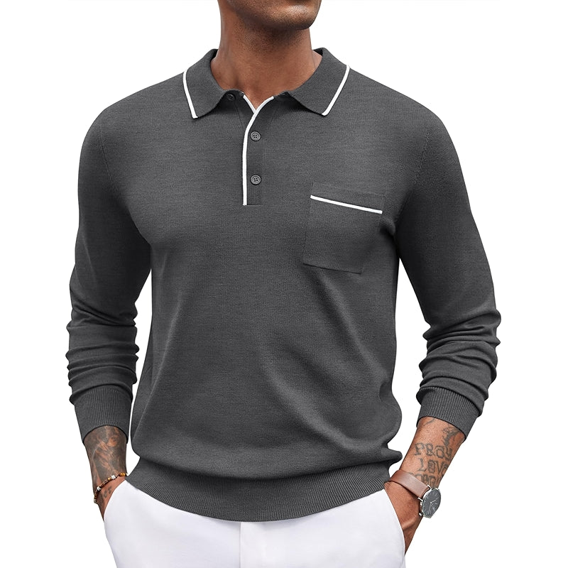 Knit Polo Long Sleeve Collared Sweater Casual Top With Pocket